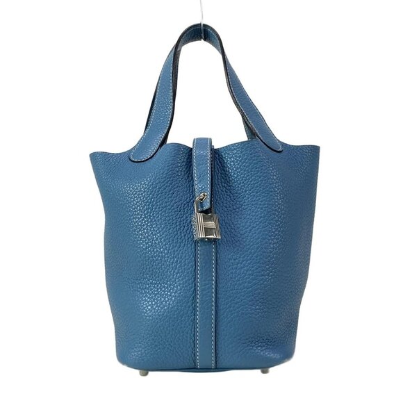 Auth HERMES Picotin Lock PM - Blue Jean Taurillon Clemence Square R Handbag - Picture 1 of 16